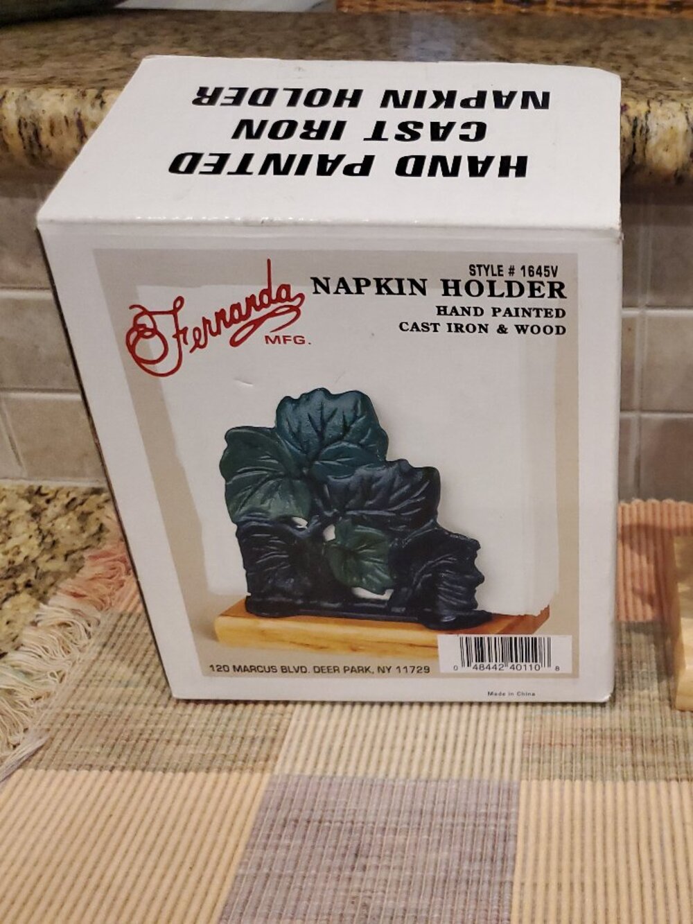 NEW Ferranda Hand-painted Cast Iron Napkin Holder Green Leaves on Wooden Base